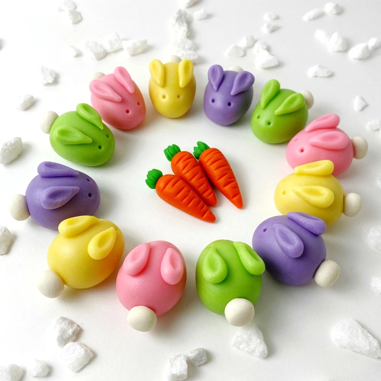 pastel easter bunnies marzipan candy sculpture treat
