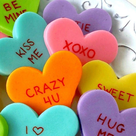 Valentine's Day Rainbow Pastel Conversation Hearts closeup