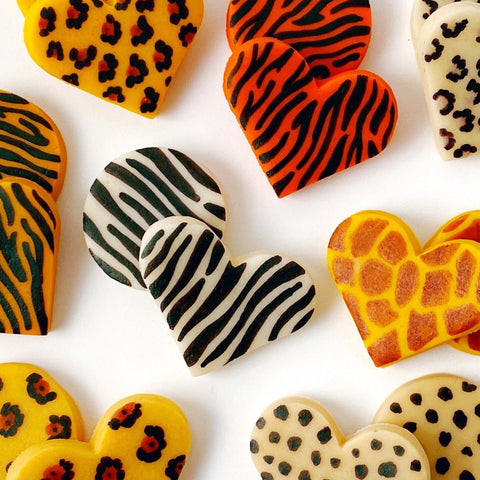 Valentine's Day animal print marzipan heart tiles close up