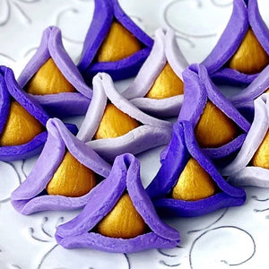 purple ombré marzipan hamamtaschen  closeup