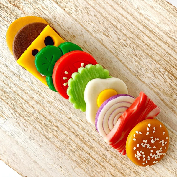 picnic foodie hamburger marzipan candy treats on a plate