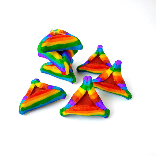 Purim vegan gluten-free rainbow purim hamantaschen marzipan candy sculpture treats stacked