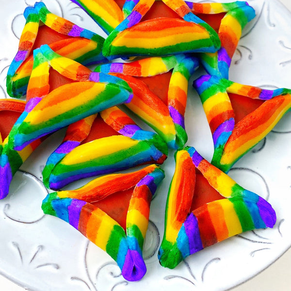 Purim vegan gluten-free rainbow purim hamantaschen marzipan candy sculpture treats closeup