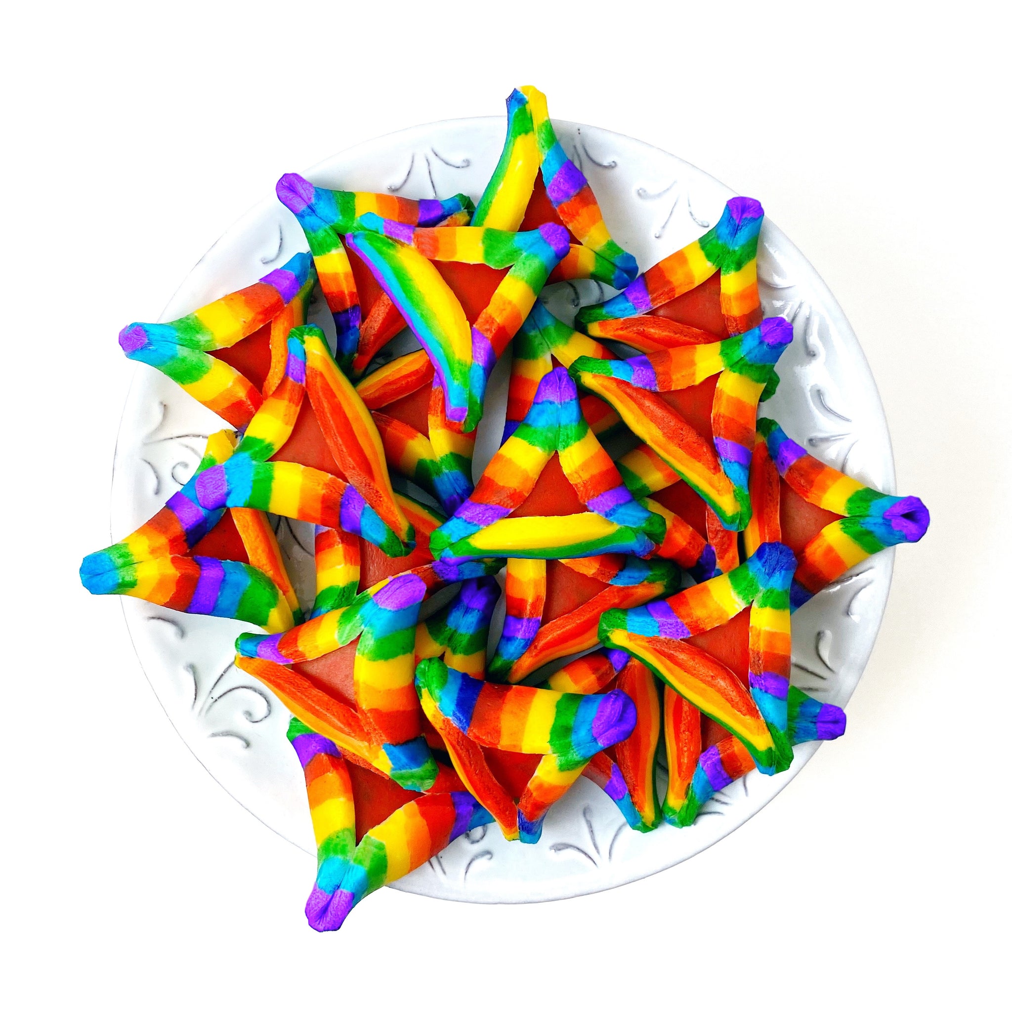 Purim vegan gluten-free rainbow purim hamantaschen marzipan candy sculpture treats pile