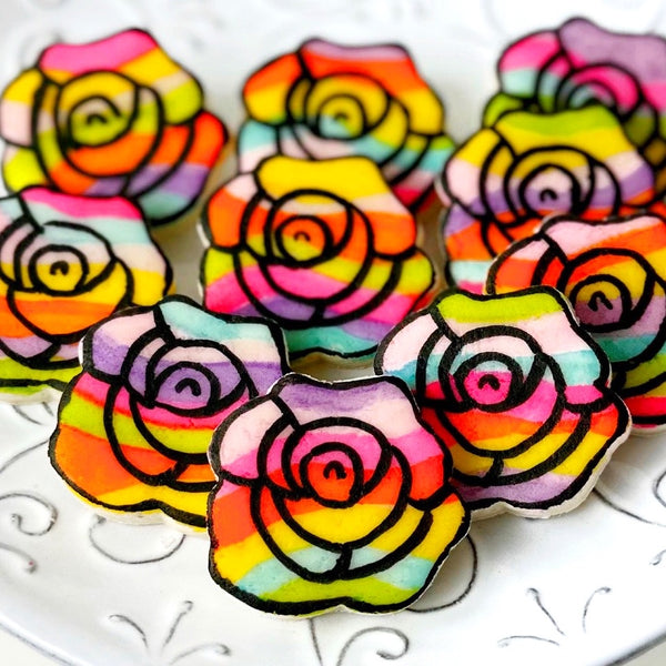 rainbow marzipan roses on a plate