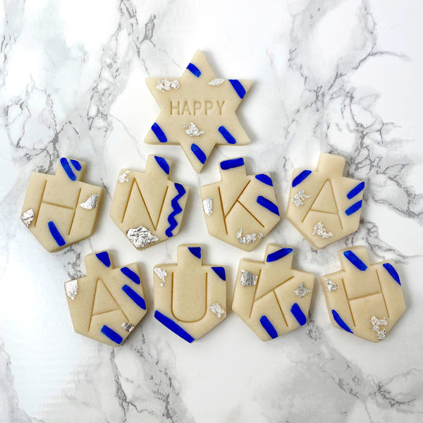 Happy Hanukkah greetings marzipan candy tile treats