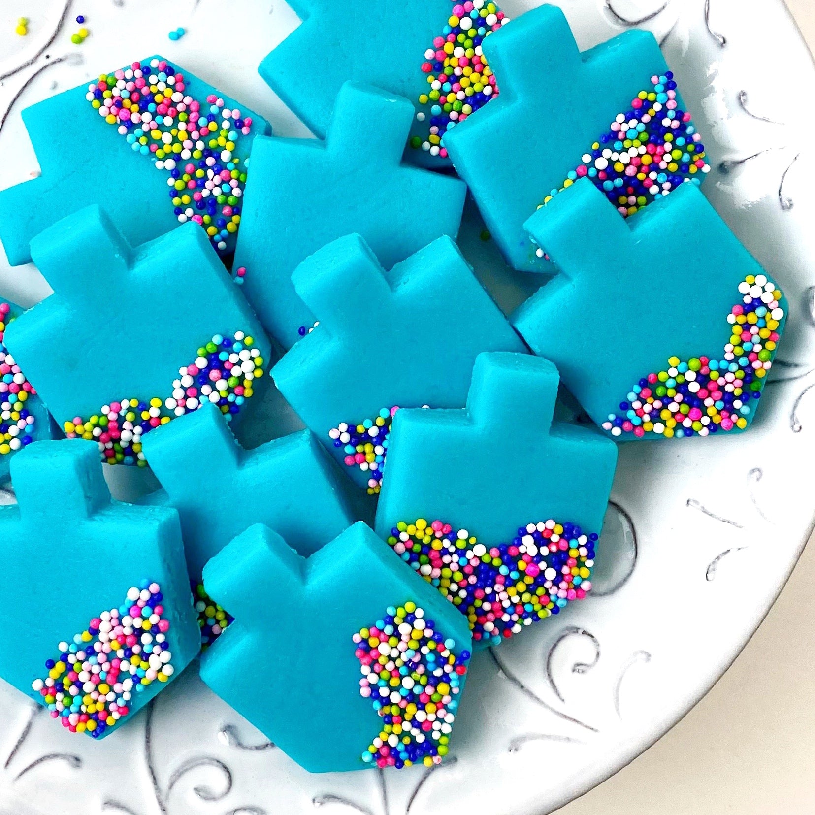 Hanukkah aqua blue sprinkle dreidels marzipan candy treats new close up