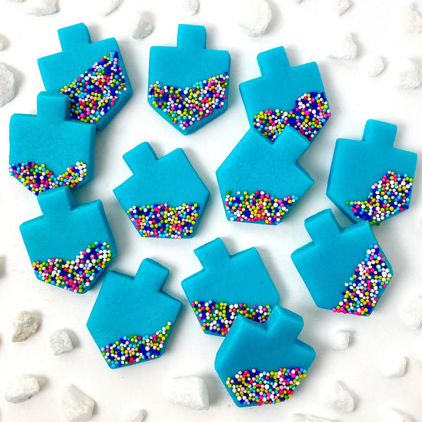 Hanukkah aqua blue sprinkle dreidels marzipan candy treats 