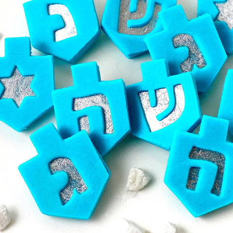 Hanukkah blue dreidel linzer marzipan gift closeup