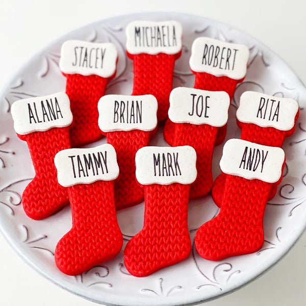 personalized marzipan xmas stockings on a plate