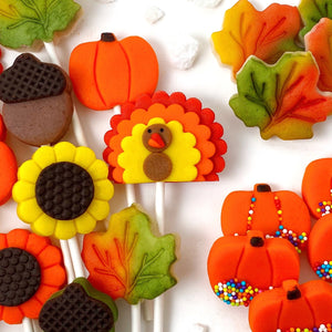 Thanksgiving ultimate collection with pumpkins, turkeys, sunflowers, maple leaves and acorns marzipan candy lollipops sprinkles closeup