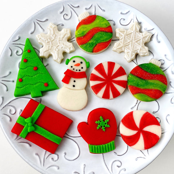 modern christmas marzipan candy tile treats on a plate