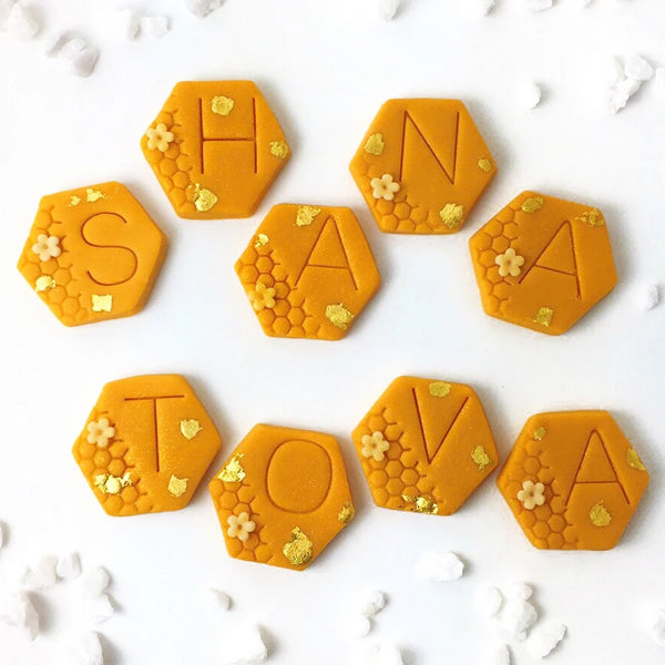Rosh Hashanah shana tova greetings marzipan candy tile treats with stones