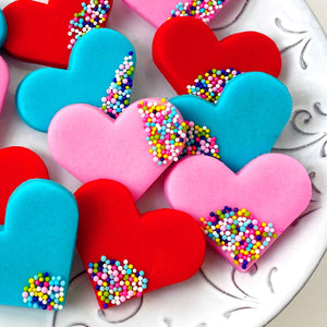 Valentine's Day sprinkle marzipan hearts modern closeup