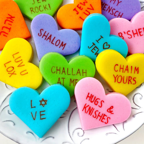 Valentines Jewish conversation hearts tu b'av closeup