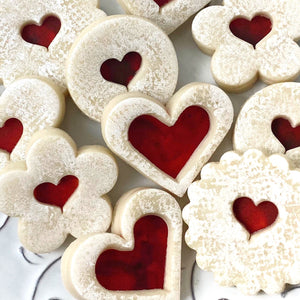 Valentine's Day linzer marzipan cookies close up