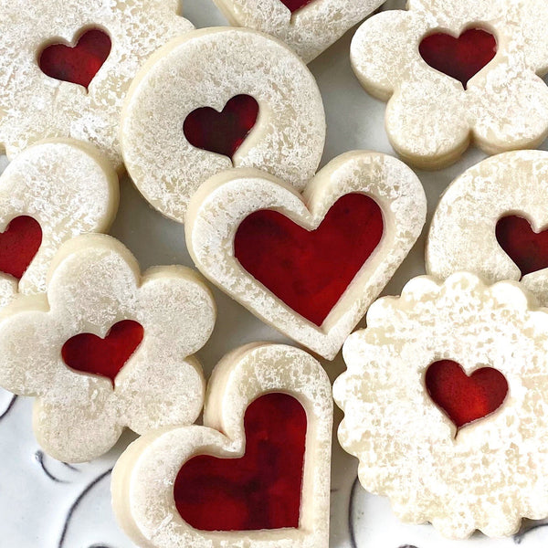 Valentine's Day linzer marzipan cookies close up