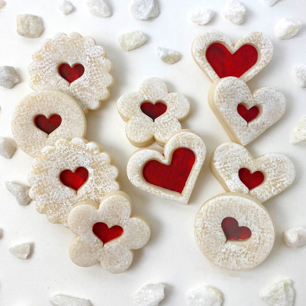 Valentine's Day linzer marzipan cookies layout