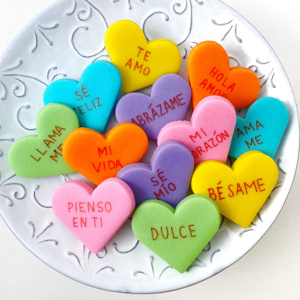 Spanish conversation hearts valentine's day on a plate