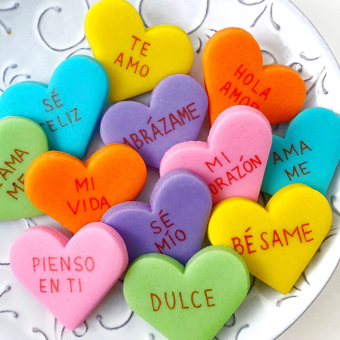 Spanish conversation hearts valentine's day close up