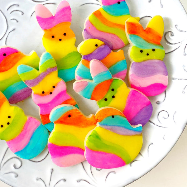 fantasy rainbow marzipan chicks and bunnies on a plate