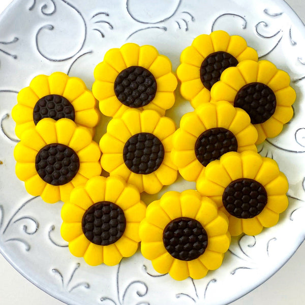 sunflower marzipan candy tiles on a plate