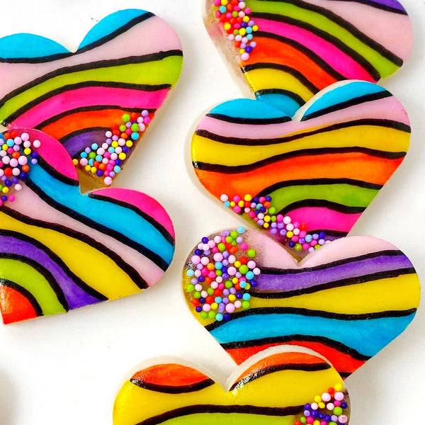 Dr. Seuss rainbow sprinkle hearts marzipan candy tiles closeup