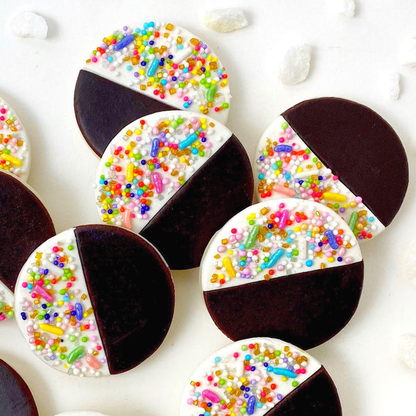 sprinkle black white marzipan candy cookies closeup