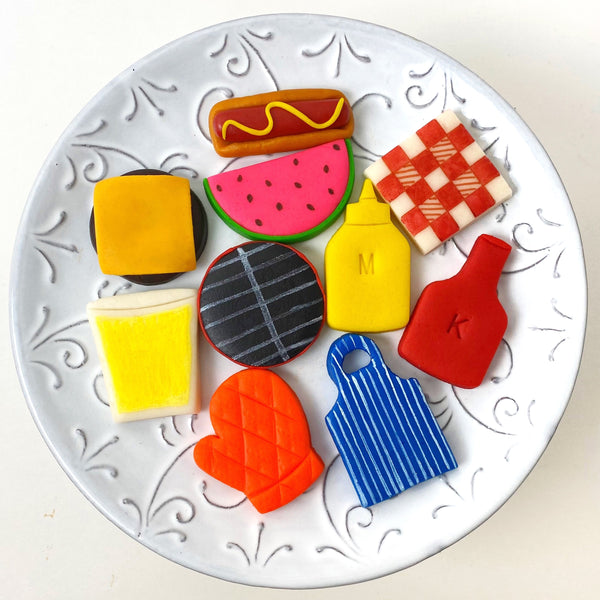 picnic barbecue bbq marzipan candy tiles on a plate