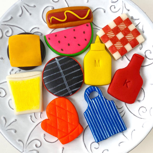 picnic barbecue bbq marzipan candy tiles closeup