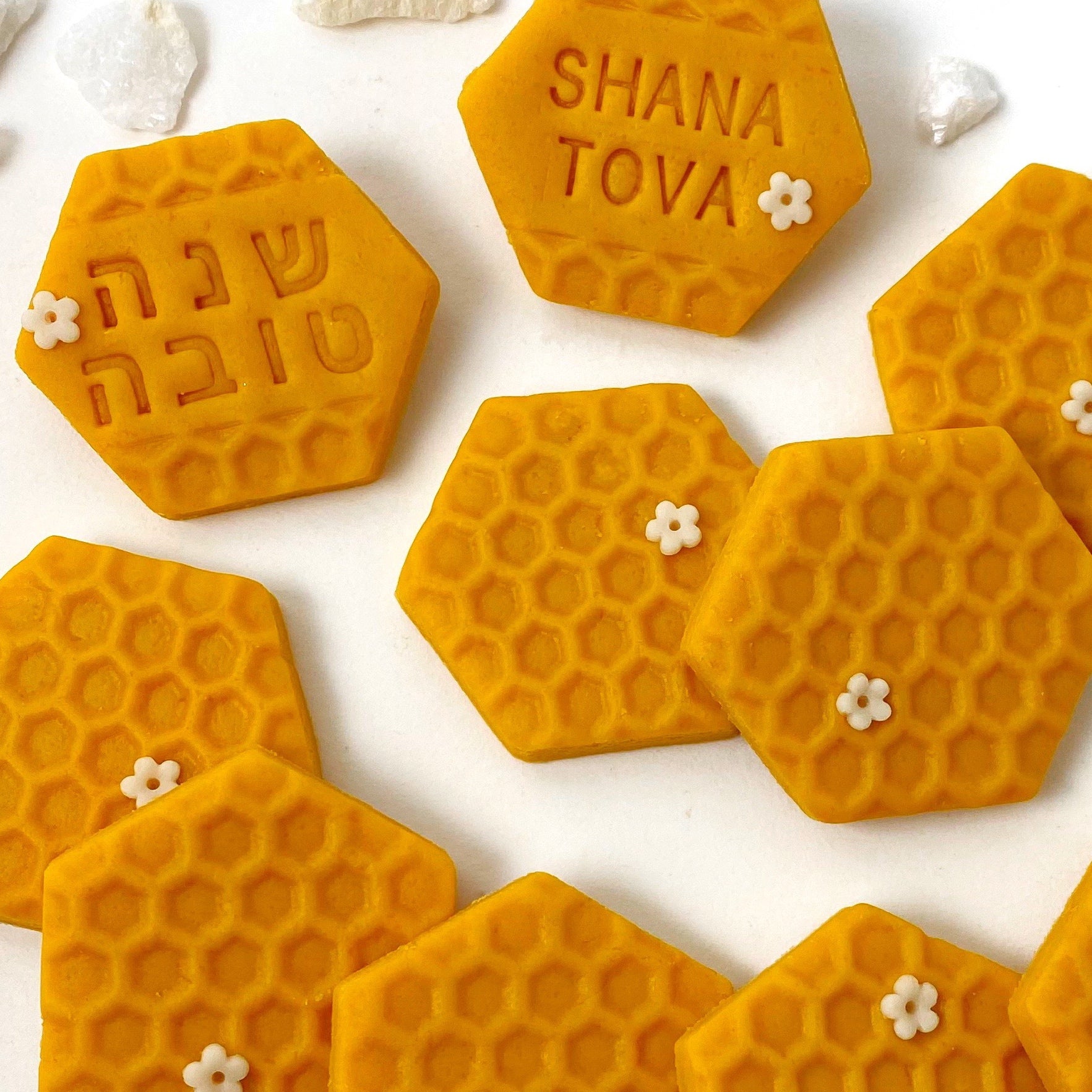 hebrew english rosh hashanah shana tova greetings marzipan candy tiles closeup