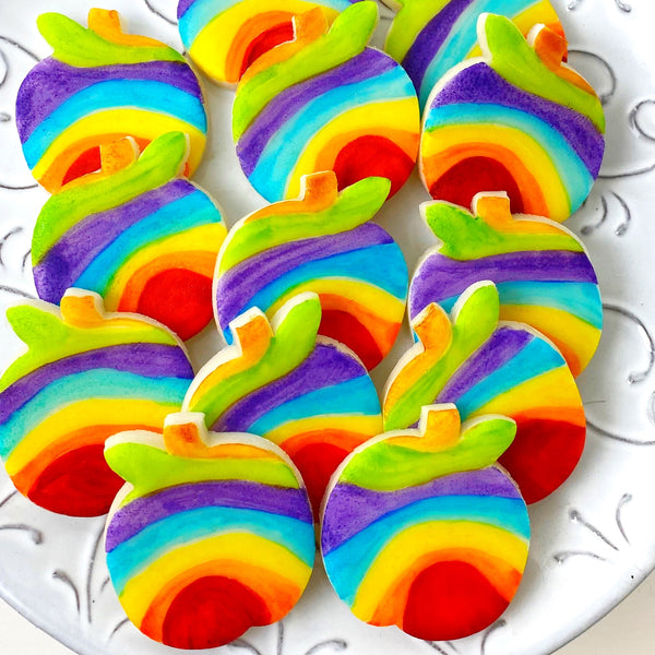 Rosh Hashanah rainbow apples marzipan candy tiles closeup