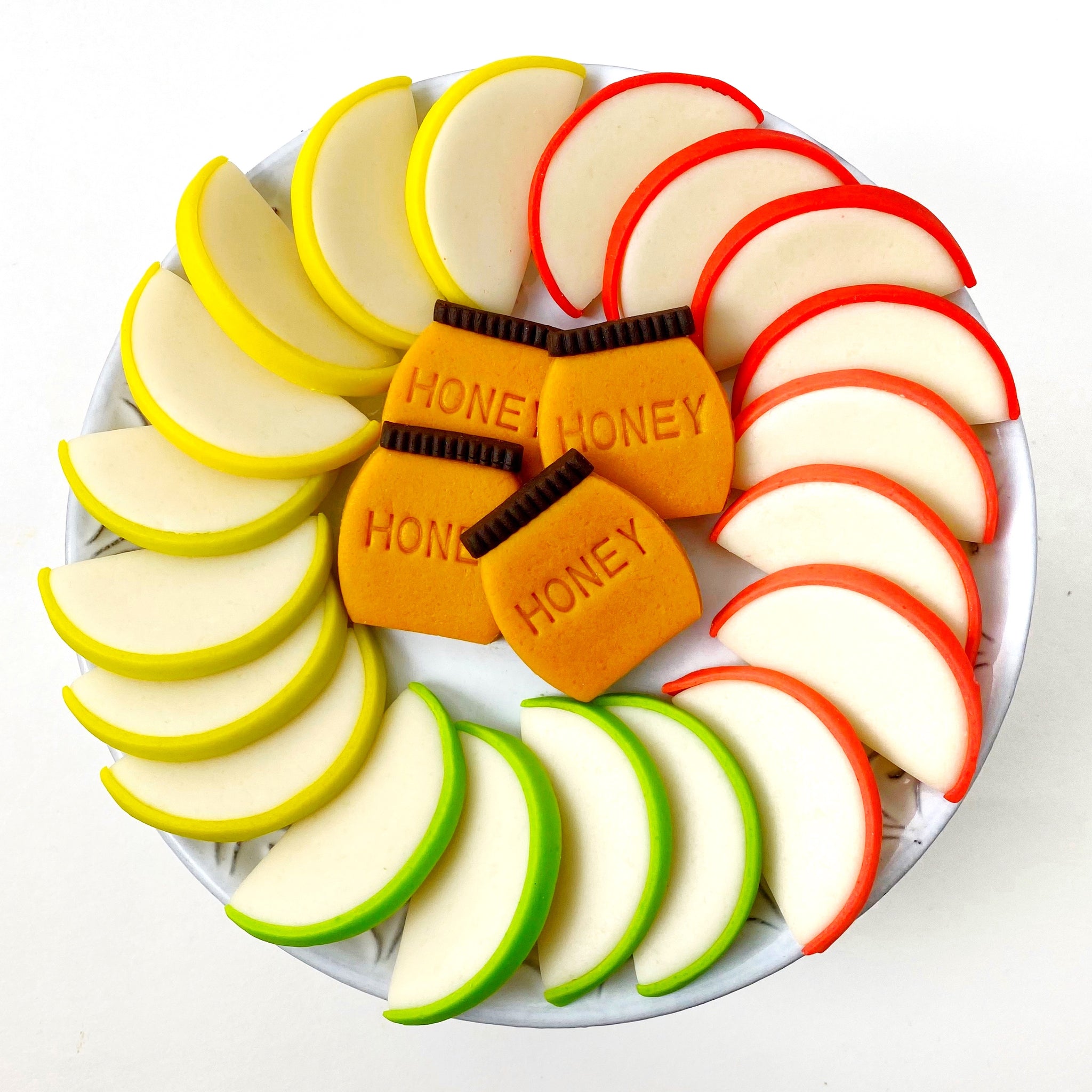 rosh hashanah apples honey platter marzipan candy tiles 
