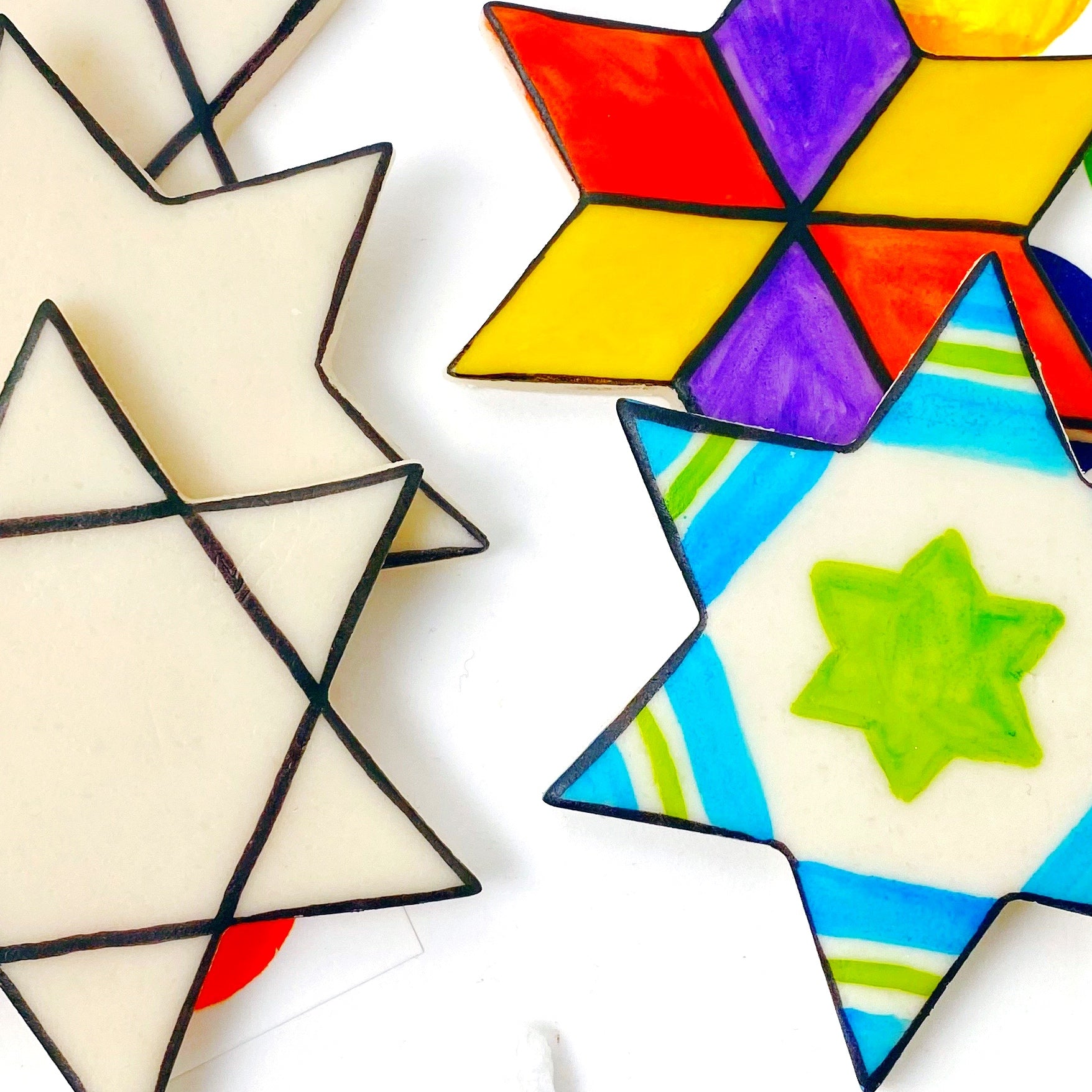 paint your own stars of David marzipan candy tiles closeup
