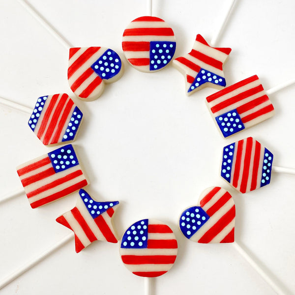 July 4th USA Independence Day stars and stripes in assorted shapes marzipan candy lollipops in a circle
