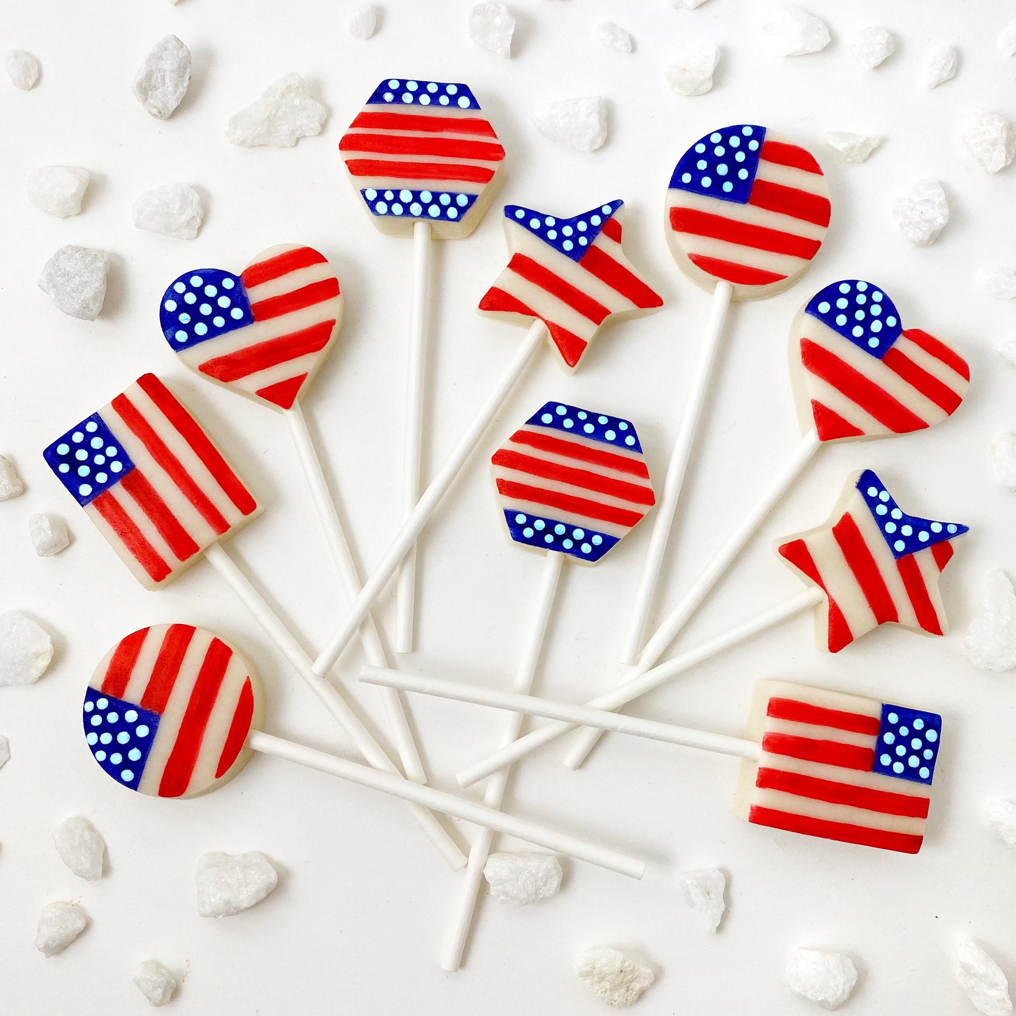 July 4th USA Independence Day stars and stripes in assorted shapes marzipan candy lollipops