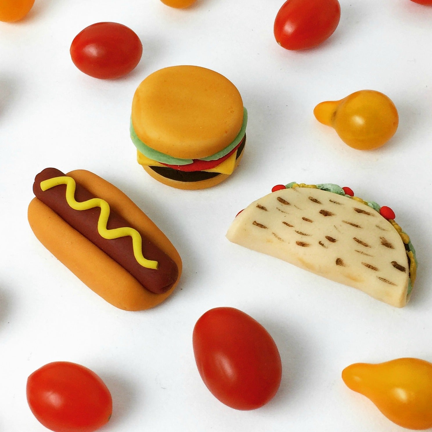 picnic foodie designs with taco, hamburger and hot dog marzipan candy sculpture treats