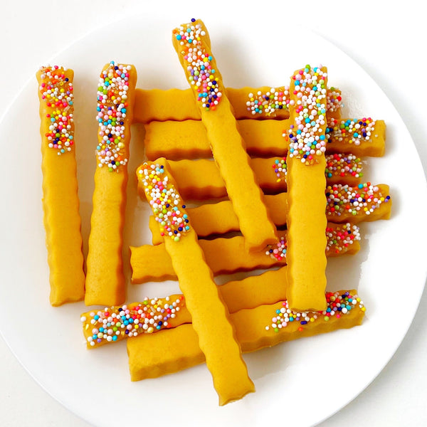 marzipan french fries candy sprinkle treats on a plate