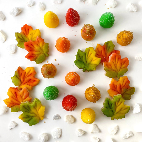 autumn leaves tree marzipan candy gift top view