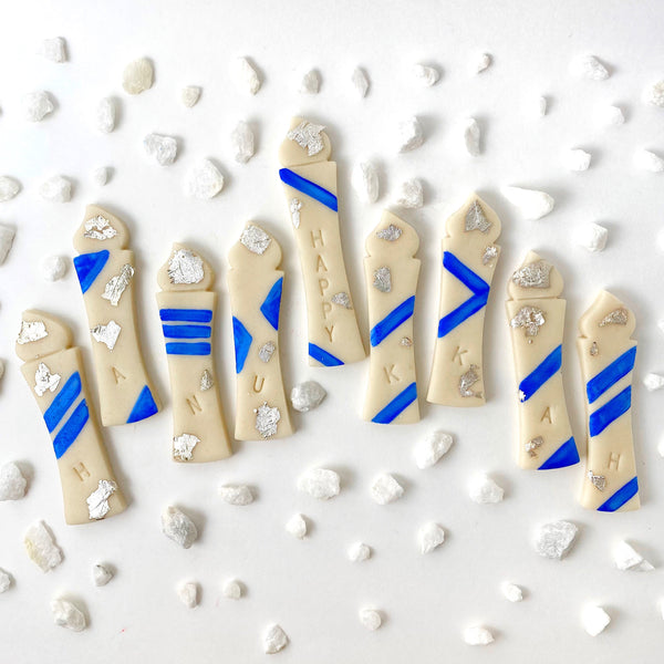 happy hanukkah silver candles marzipan candy layout