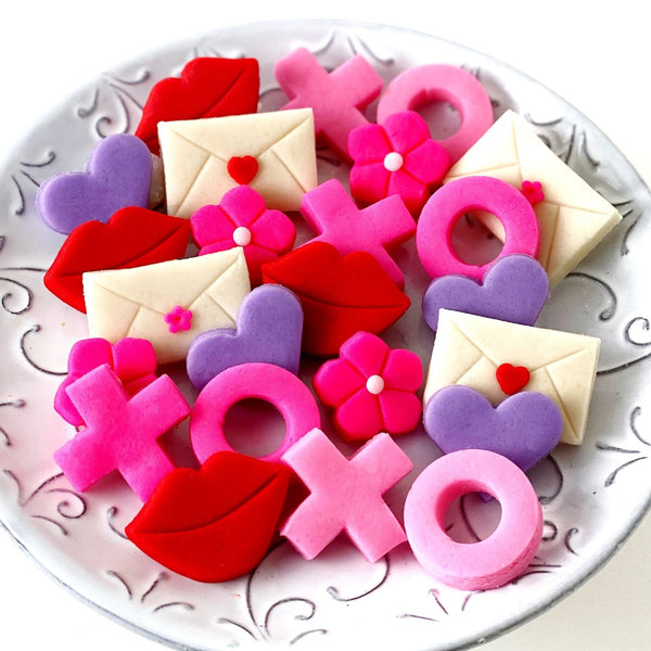 Valentine's Day marzipan candy bites hearts flowers gift on a plate