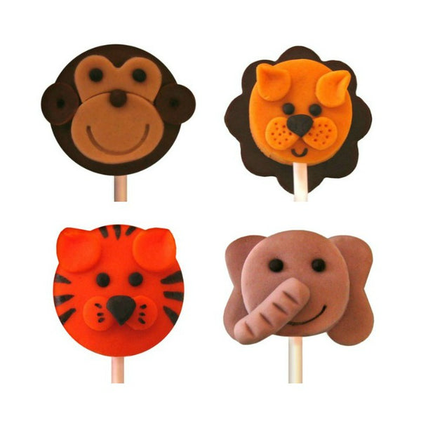 safari jungle animals with elephant, monkey, lion and tiger marzipan candy lollipops
