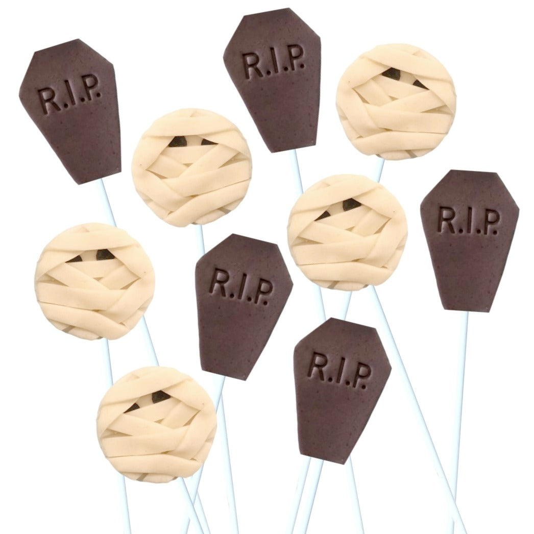 Halloween spooky graveyard and mummy marzipan candy lollipops