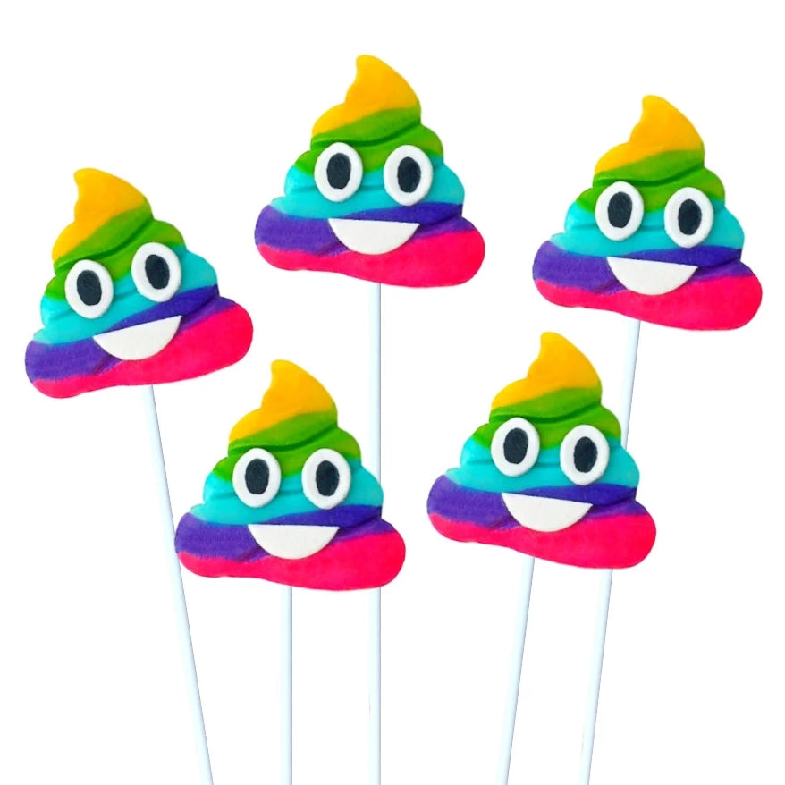 rainbow emoji poop swirled marzipan candy lollipops