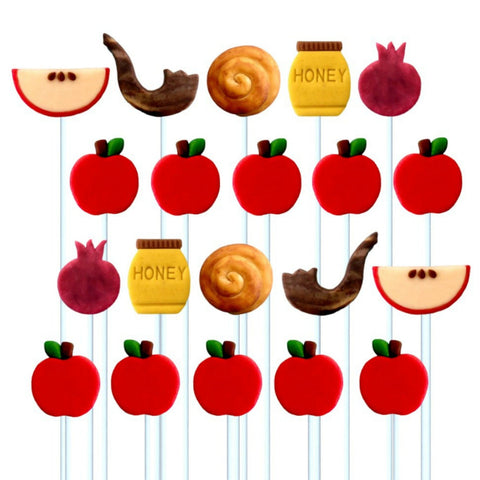 Rosh Hashanah super set with many apples and symbols - shofar, challah, pomegranate and honey - marzipan candy lollipops