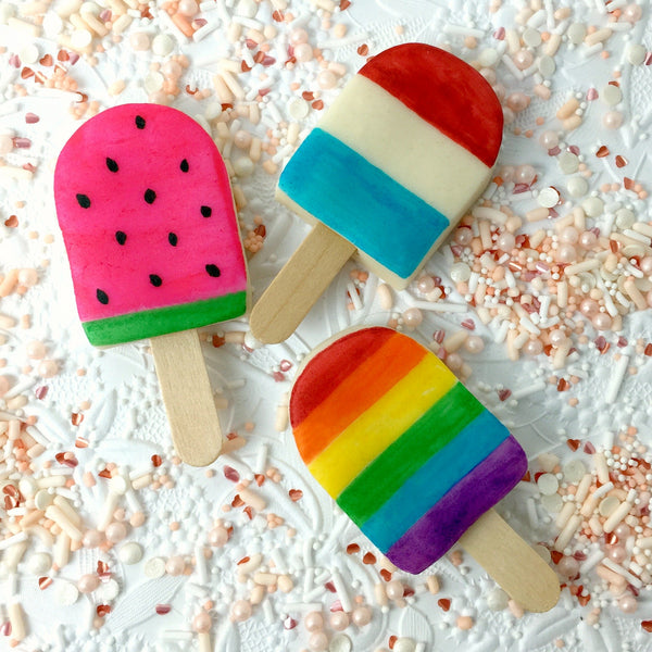 ice popsicles rainbow colors marzipan candy lollipops with real sticks