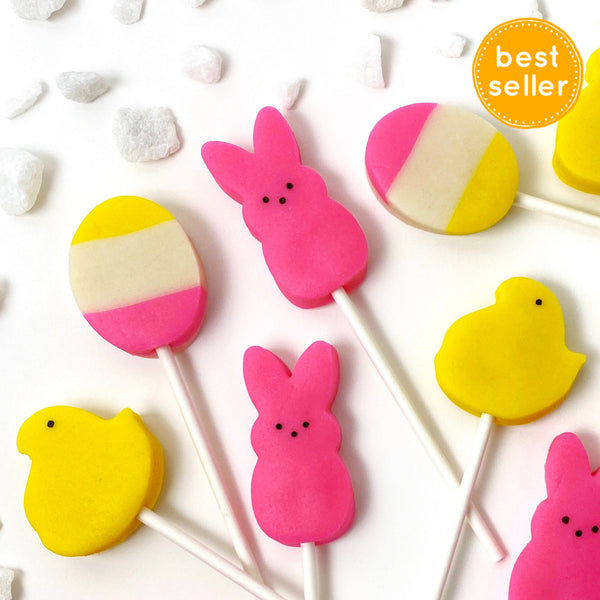 Easter peep chicks & bunnies marzipan candy lollipops closeup