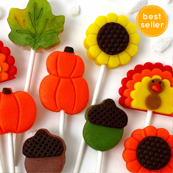 Thanksgiving collection with pumpkins, turkeys, sunflowers, maple leaves and acorns marzipan candy lollipops best seller