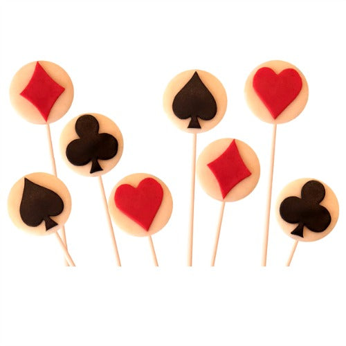 playing poker cards with spades, diamonds, clubs and hearts marzipan candy lollipops