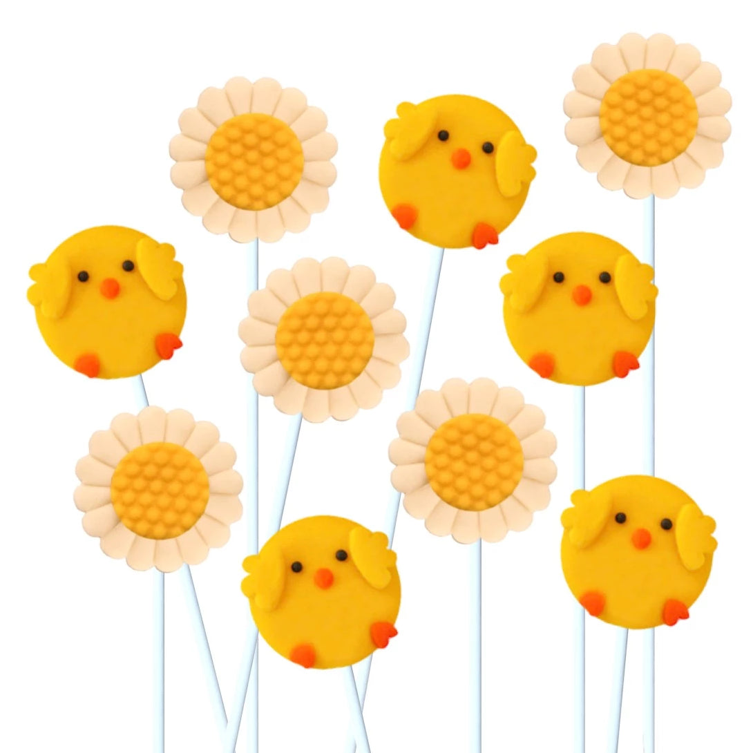 chicks and daisies marzipan candy lollipops